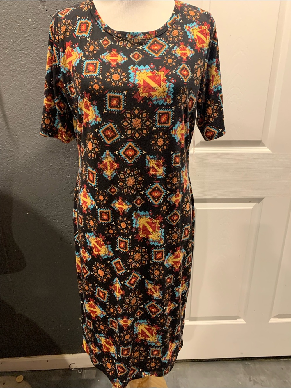 LuLaRoe Black Midi Dress with Red Orange and Blue Geometric Print